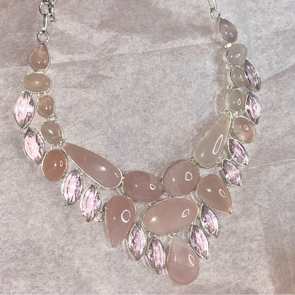 Exquisite Pink Quartz + Pink Topaz Artisan Handcrafted statement Necklace - Picture 3 of 17